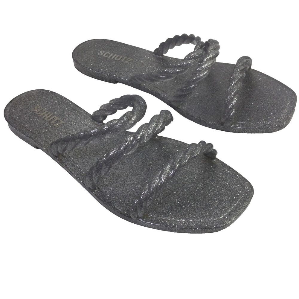 Schutz Womens Diana Glitter Jelly Sandals Twisted Band Straps Silver Size 10/11